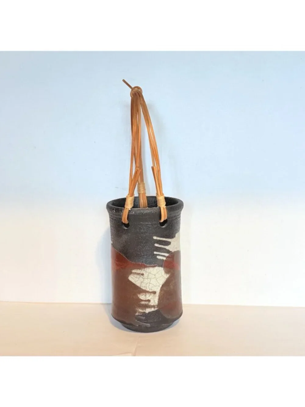 Warren Andrade Raku Pottery Vase 1999 Bamboo Handle Hawaii Artist 12